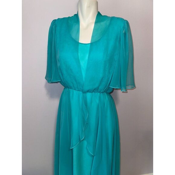 Vtg 70s Mike Benet Blue Chiffon Flowy Fairycore Angel Dress Size Medium Large - Picture 8 of 9
